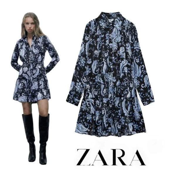ZARA | Blue | PRINTED SHIRT DRESS - Picture 1 of 7